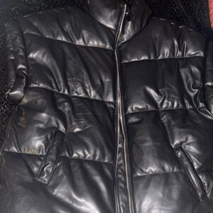 Black Quilted Faux Leather Puffer Jacket